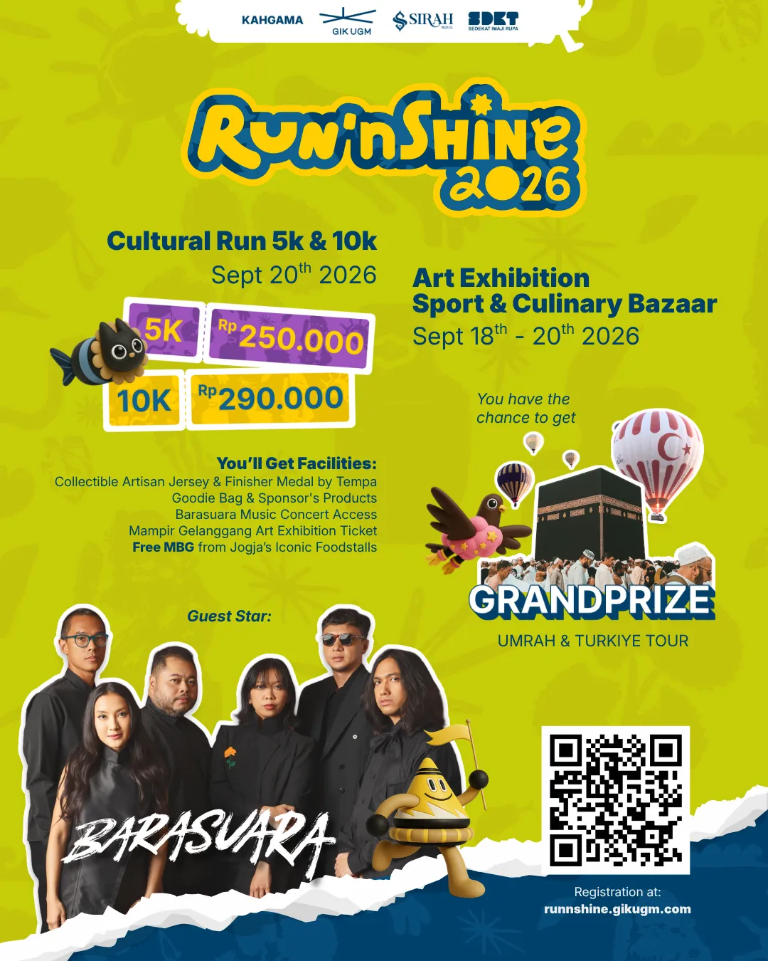 Poster Run'nShine 2026: Cultural Run 5K (Rp250.000) & 10K (Rp290.000), 20 September 2026 di GIK UGM. Art Exhibition serta Sport & Culinary Bazaar 18–20 September. Pendaftaran di runnshine.gikugm.com