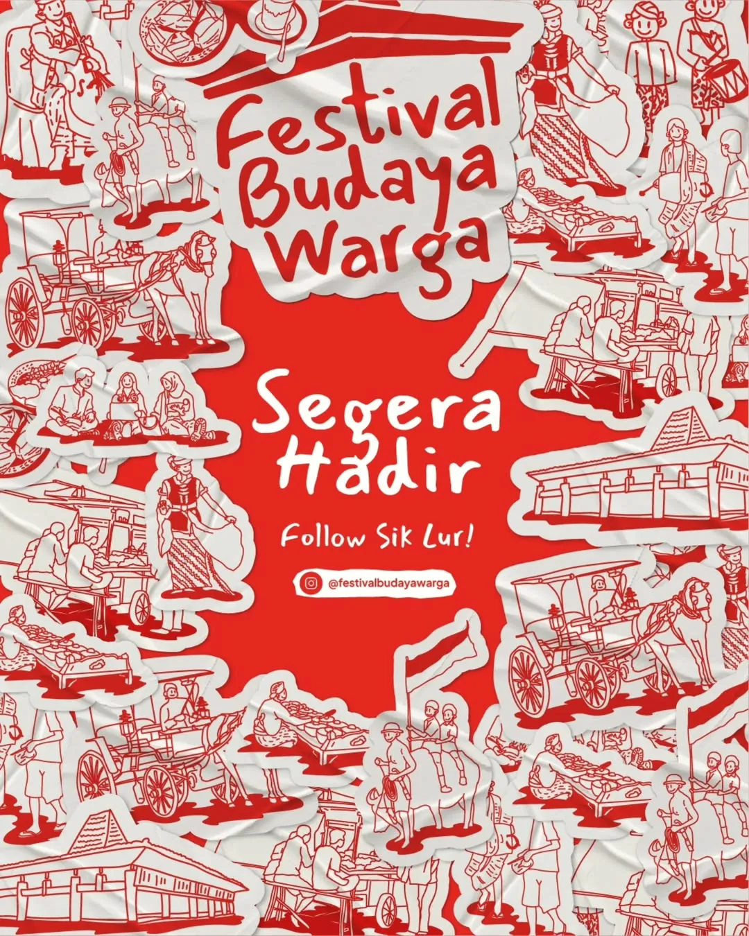 Poster Festival Budaya Warga dengan ilustrasi budaya lokal Indonesia, pengumuman acara segera hadir dan ajakan follow Instagram @festivalbudayawarga.