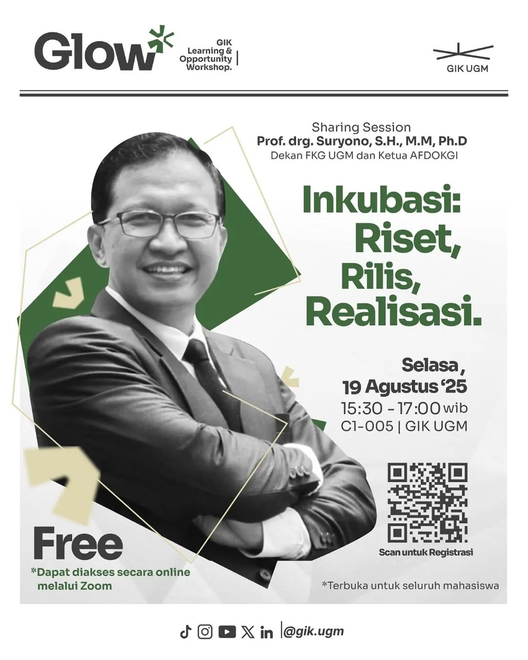 Glow UGM - Inkubasi: Riset, Rilis, Realisasi bersama Prof. drg. Suryono.