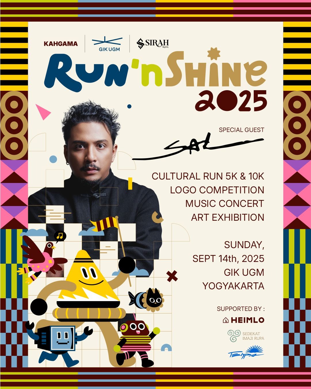 Poster resmi Jogja Run'nShine 2025, event lari Jogja 2025 yang menghadirkan lari 5K & 10K, konser musik, kompetisi logo, dan pameran seni di GIK UGM Yogyakarta pada 14 September 2025.