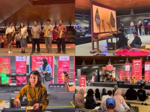 Kolase suasana Festival Budaya Warga 2025 di Gelanggang Inovasi dan Kreativitas UGM menampilkan berbagai kegiatan seperti pertunjukan musik bambu, pentas wayang kulit, dialog budaya, dan penonton yang menikmati acara lesehan. Festival ini menjadi simbol harmoni antara kampus dan kampung melalui seni dan kebersamaan.