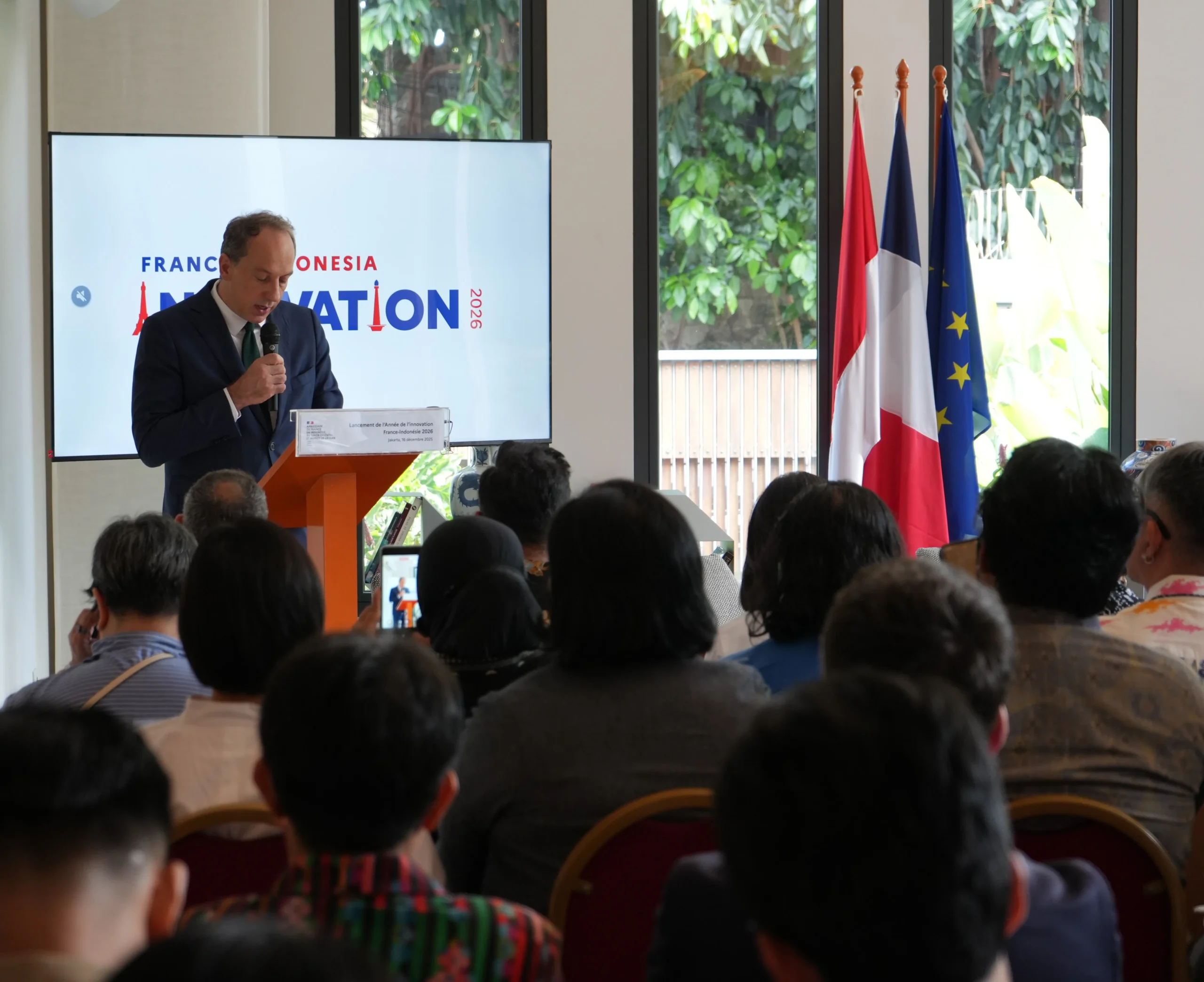 Duta Besar Prancis untuk Indonesia memberikan keterangan pers pada peluncuran France–Indonesia Innovation Year 2026 di Jakarta