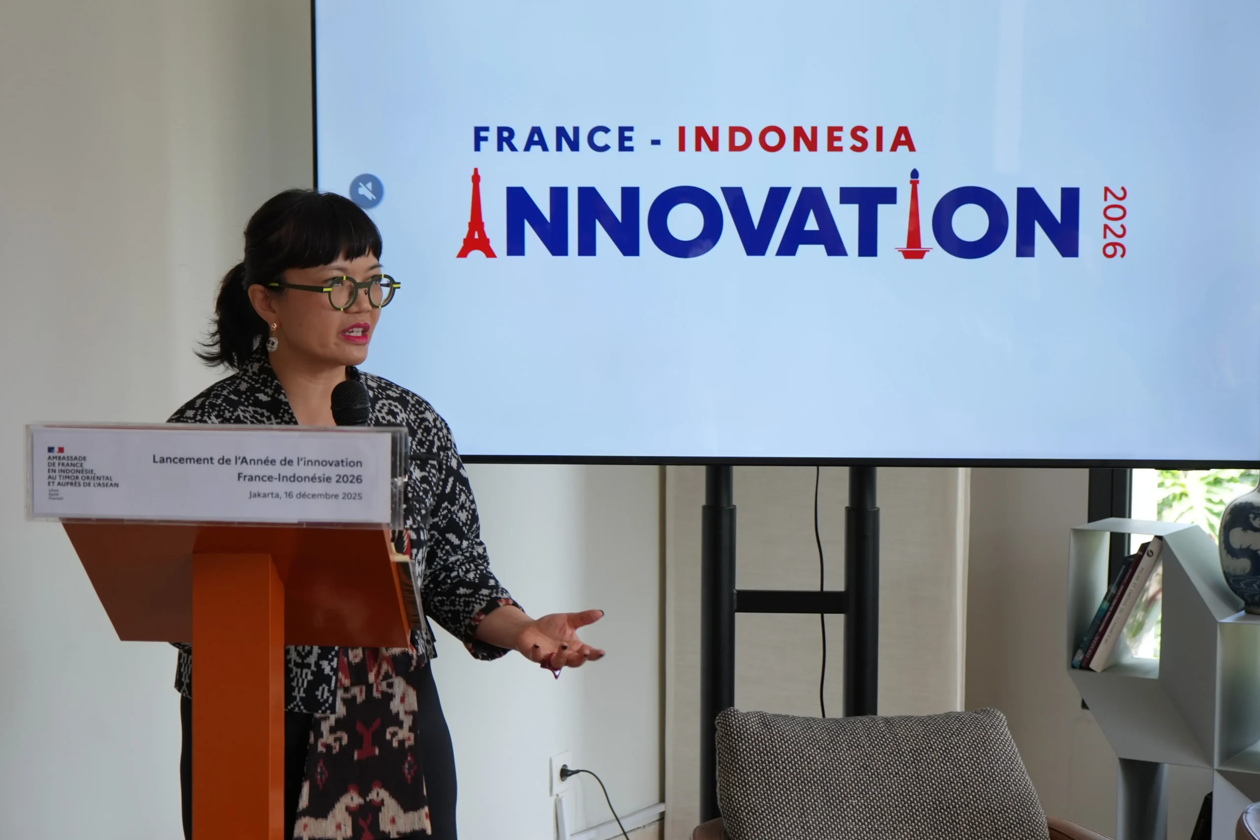 Wakil Menteri Pendidikan Tinggi, Sains, dan Teknologi Prof. Stella Christie menyampaikan pidato dalam acara France–Indonesia Innovation Year 2026